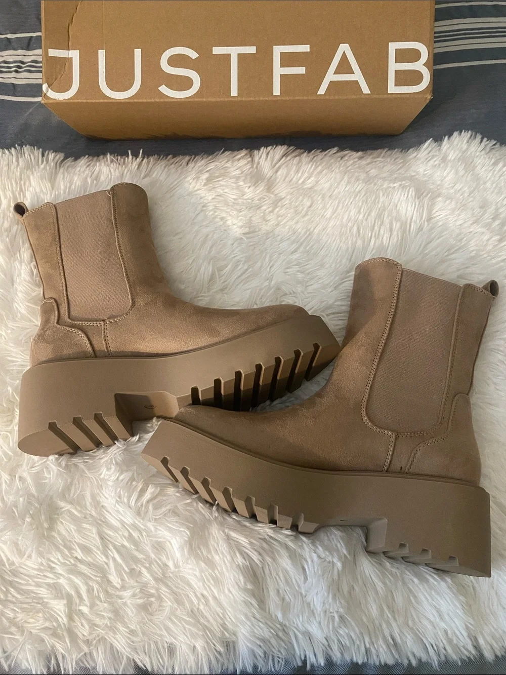 JustFab Tan Suede Platform Chelsea Boots